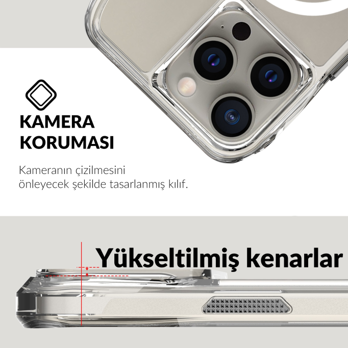 Bix iPhone 15 Pro Max Octagon Hava Yastıklı MagSafe Kılıf Maksimum Korumalı Antrasit Kristal Şeffaf 