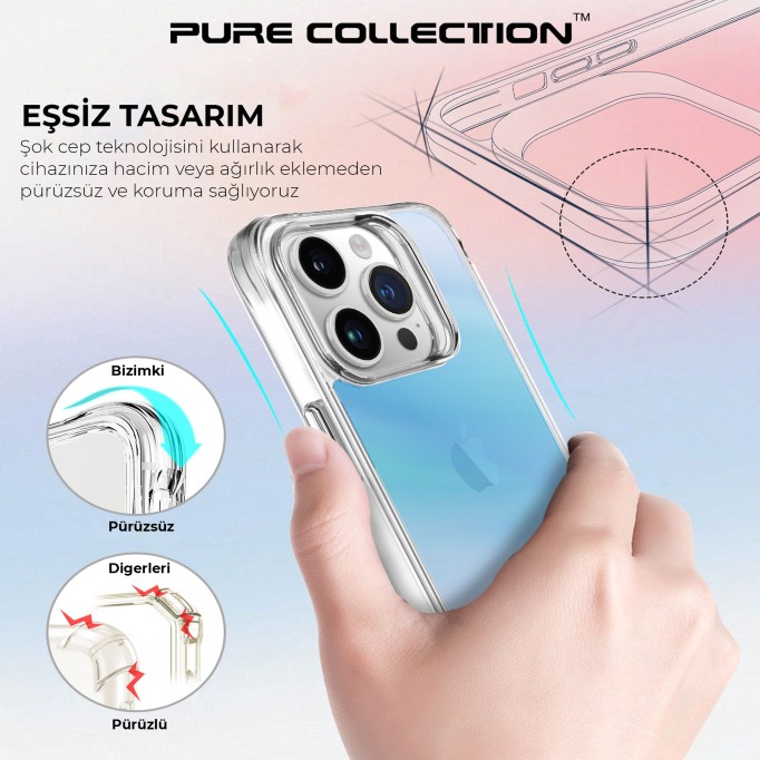 Bix iPhone 15 Pro Max Pure Rainbow Renk Geçişli Şeffaf Kılıf Çizilmeye Dayanıklı Darbe Emici Mavi