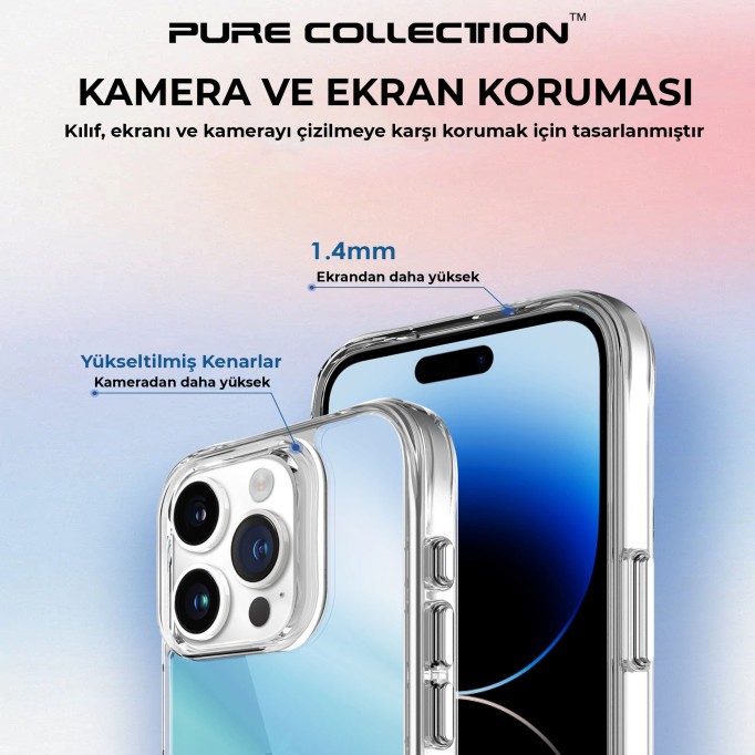 Bix iPhone 15 Pro Max Pure Rainbow Renk Geçişli Şeffaf Kılıf Çizilmeye Dayanıklı Darbe Emici Mavi