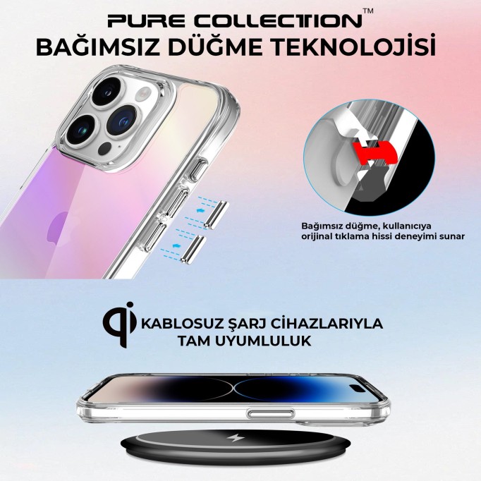 Bix iPhone 15 Pro Max Pure Rainbow Renk Geçişli Şeffaf Kılıf Çizilmeye Dayanıklı Darbe Emici Pembe