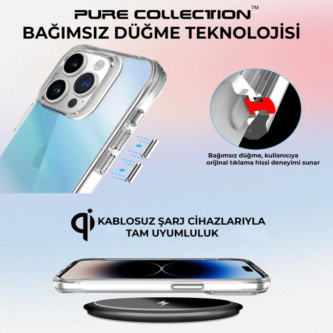 Bix iPhone 15 Pro Pure Rainbow Renk Geçişli Şeffaf Kılıf Çizilmeye Dayanıklı Darbe Emici Mavi