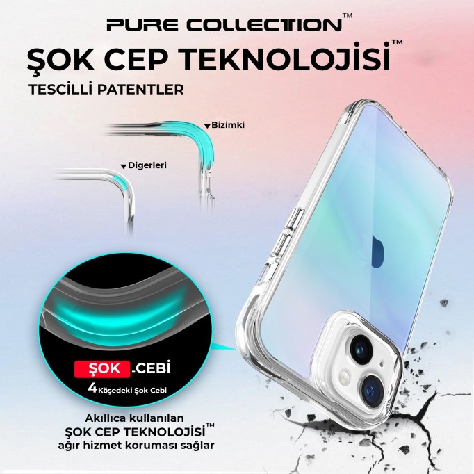 Bix iPhone 15 Pure Rainbow Renk Geçişli Şeffaf Kılıf Çizilmeye Dayanıklı Darbe Emici Mavi