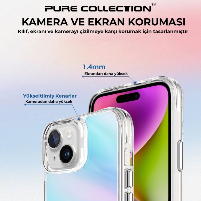 Bix iPhone 15 Pure Rainbow Renk Geçişli Şeffaf Kılıf Çizilmeye Dayanıklı Darbe Emici Mavi