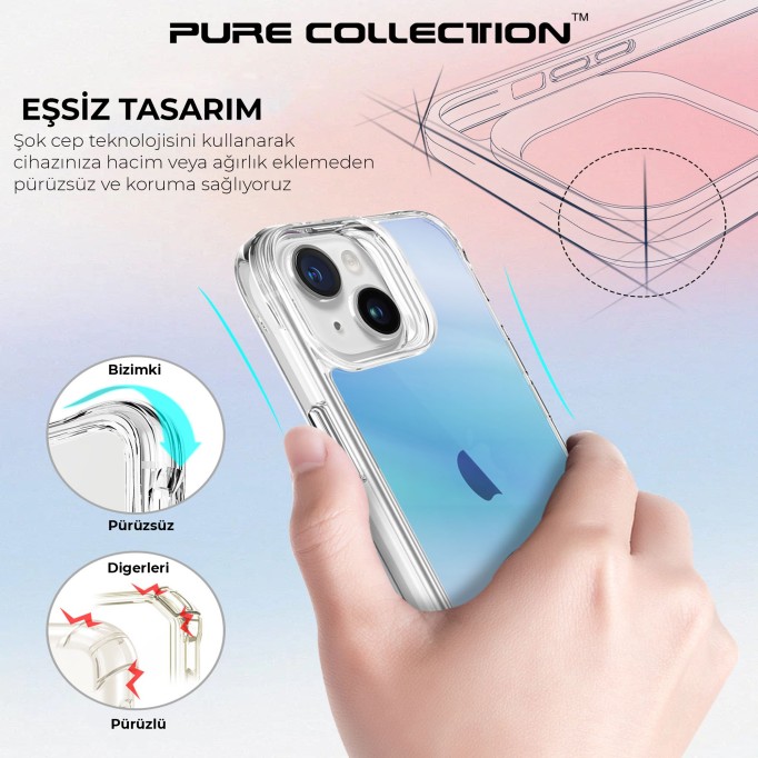 Bix iPhone 15 Pure Rainbow Renk Geçişli Şeffaf Kılıf Çizilmeye Dayanıklı Darbe Emici Mavi