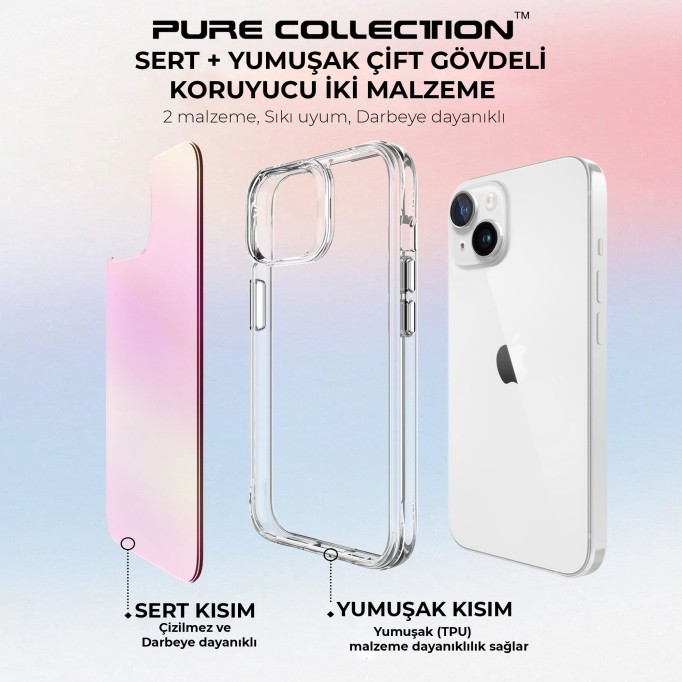 Bix iPhone 15 Pure Rainbow Renk Geçişli Şeffaf Kılıf Çizilmeye Dayanıklı Darbe Emici Pembe