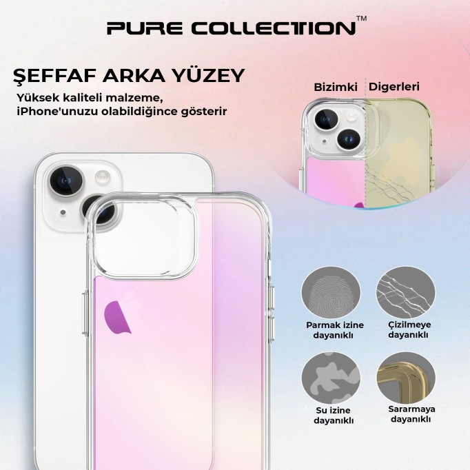 Bix iPhone 15 Pure Rainbow Renk Geçişli Şeffaf Kılıf Çizilmeye Dayanıklı Darbe Emici Pembe