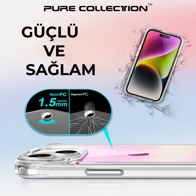Bix iPhone 15 Pure Rainbow Renk Geçişli Şeffaf Kılıf Çizilmeye Dayanıklı Darbe Emici Pembe