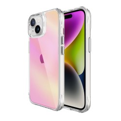 Bix iPhone 15 Pure Rainbow Renk Geçişli Şeffaf Kılıf Çizilmeye Dayanıklı Darbe Emici Pembe