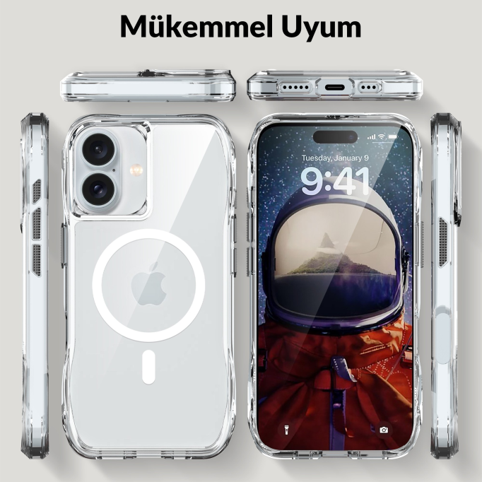 Bix iPhone 16 Octagon Hava Yastıklı MagSafe Kılıf Maksimum Korumalı Antrasit Kristal Şeffaf 