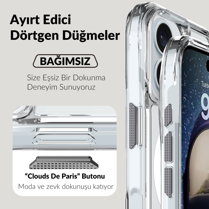 Bix iPhone 16 Octagon Hava Yastıklı MagSafe Kılıf Maksimum Korumalı Antrasit Kristal Şeffaf 