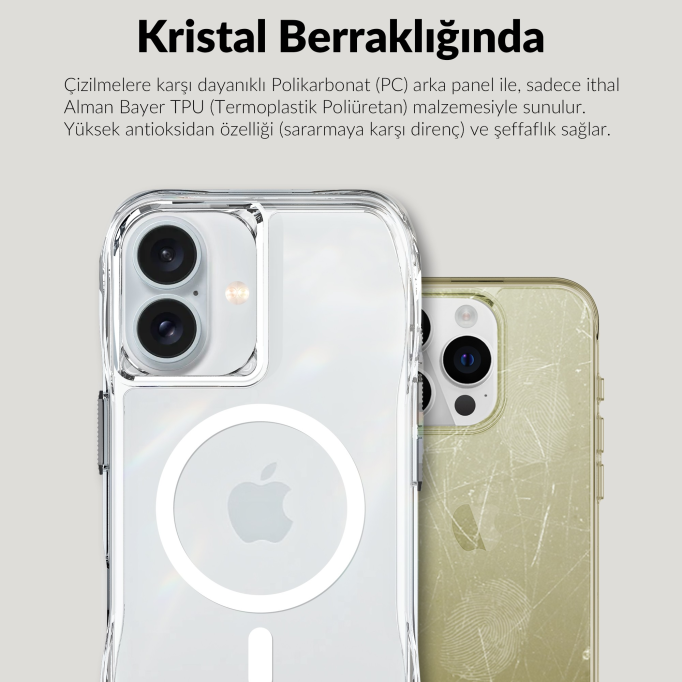 Bix iPhone 16 Octagon Hava Yastıklı MagSafe Kılıf Maksimum Korumalı Antrasit Kristal Şeffaf 