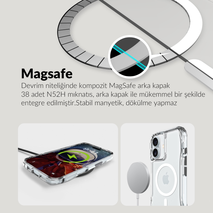 Bix iPhone 16 Octagon Hava Yastıklı MagSafe Kılıf Maksimum Korumalı Antrasit Kristal Şeffaf 
