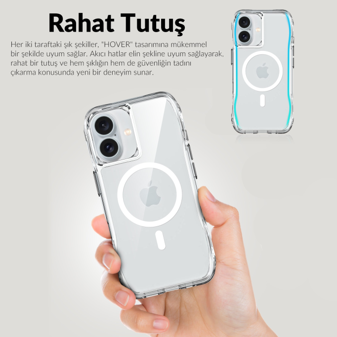 Bix iPhone 16 Plus Octagon Hava Yastıklı MagSafe Kılıf Maksimum Korumalı Antrasit Kristal Şeffaf 