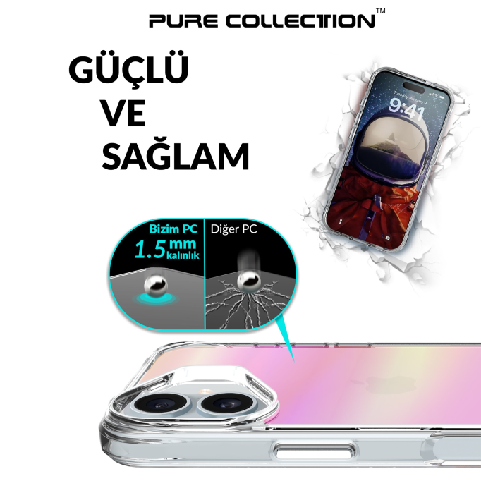 Bix iPhone 16 Plus Pure Rainbow Renk Geçişli Şeffaf Kılıf Çizilmeye Dayanıklı Darbe Emici Pembe
