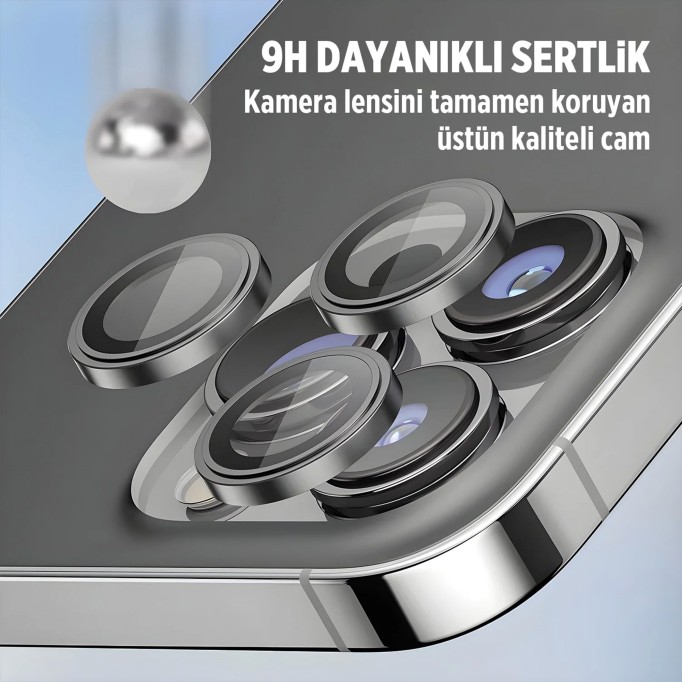 Bix iPhone 16 Pro / 16 Pro Max Safir Lens Koruyucu 3D Kamera Camı 9H Premium Lens Kapağı Siyah Titanyum