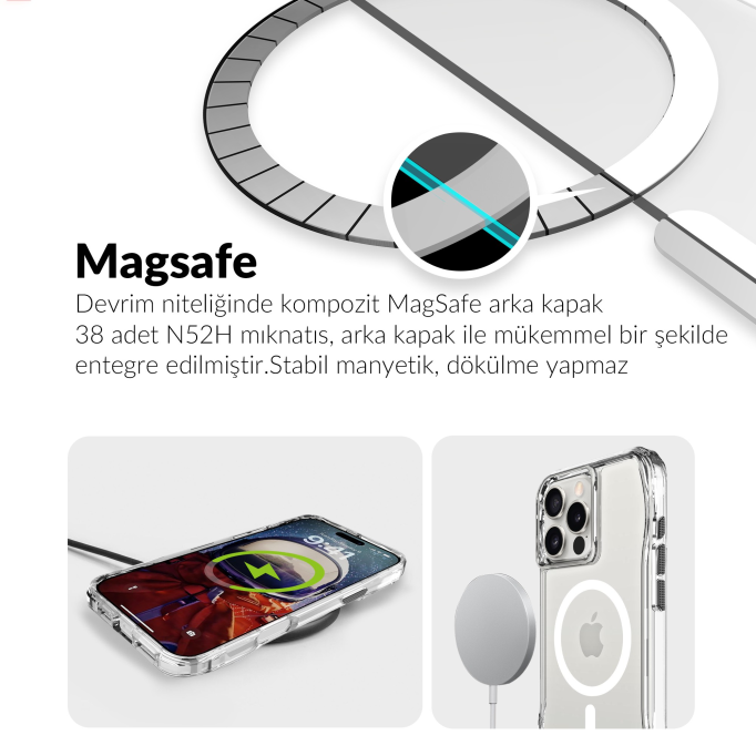 Bix iPhone 16 Pro Max Octagon Hava Yastıklı MagSafe Kılıf Maksimum Korumalı Antrasit Kristal Şeffaf 