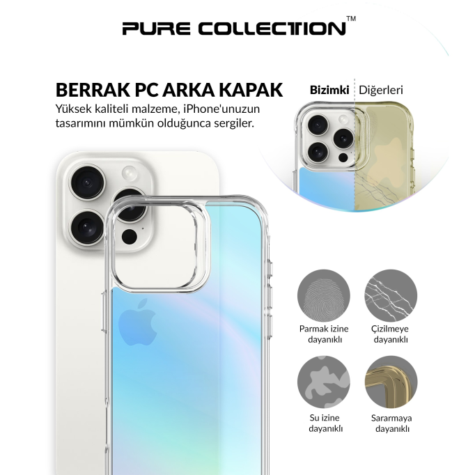 Bix iPhone 16 Pro Max Pure Rainbow Renk Geçişli Şeffaf Kılıf Çizilmeye Dayanıklı Darbe Emici Mavi