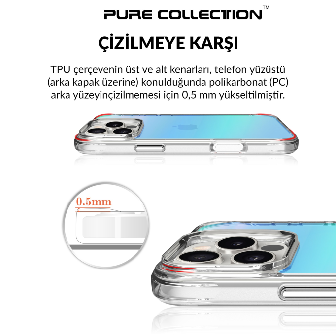 Bix iPhone 16 Pro Max Pure Rainbow Renk Geçişli Şeffaf Kılıf Çizilmeye Dayanıklı Darbe Emici Mavi