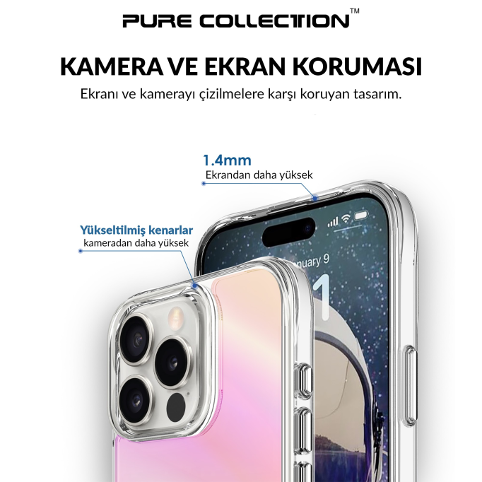Bix iPhone 16 Pro Max Pure Rainbow Renk Geçişli Şeffaf Kılıf Çizilmeye Dayanıklı Darbe Emici Pembe