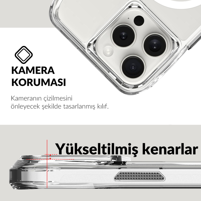 Bix iPhone 16 Pro Octagon Hava Yastıklı MagSafe Kılıf Maksimum Korumalı Antrasit Kristal Şeffaf 