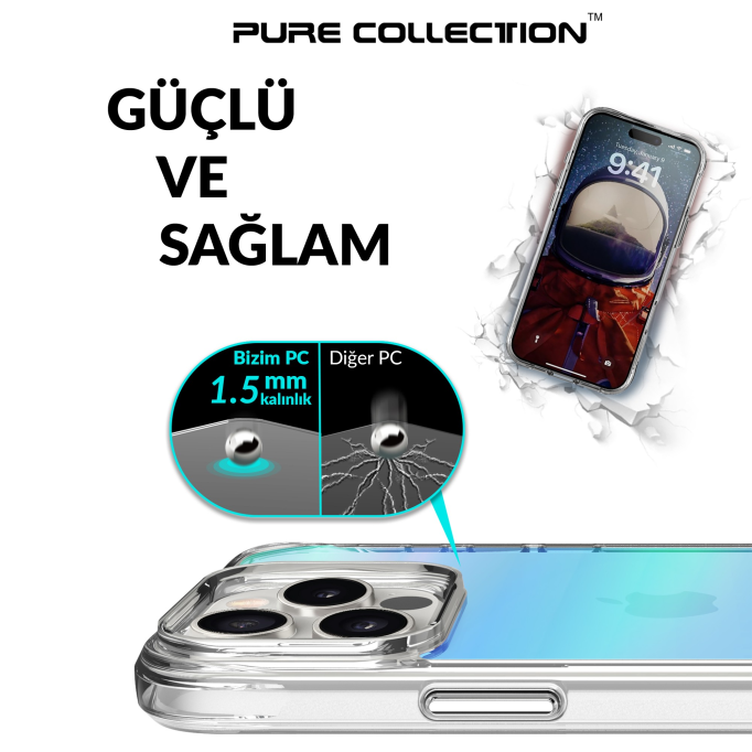 Bix iPhone 16 Pro Pure Rainbow Renk Geçişli Şeffaf Kılıf Çizilmeye Dayanıklı Darbe Emici Mavi