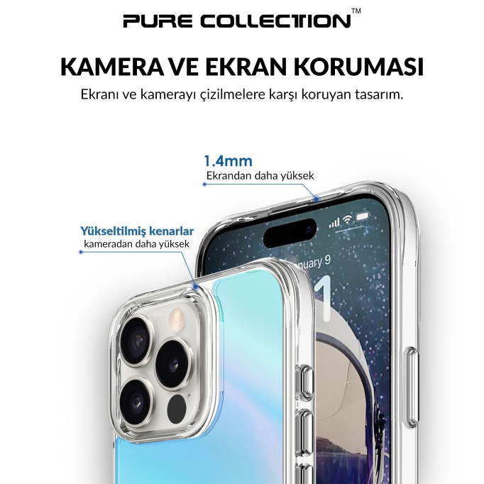 Bix iPhone 16 Pro Pure Rainbow Renk Geçişli Şeffaf Kılıf Çizilmeye Dayanıklı Darbe Emici Mavi