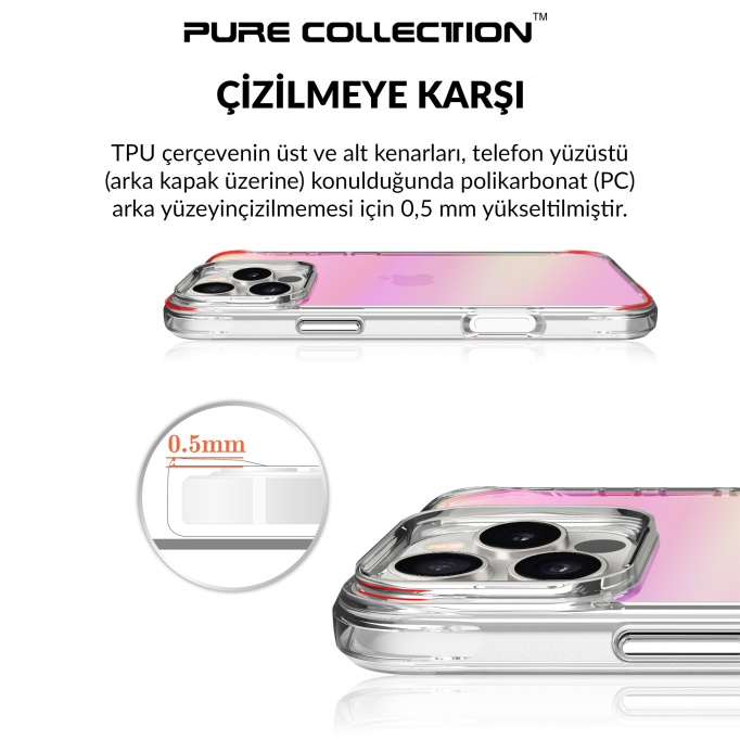 Bix iPhone 16 Pro Pure Rainbow Renk Geçişli Şeffaf Kılıf Çizilmeye Dayanıklı Darbe Emici Pembe
