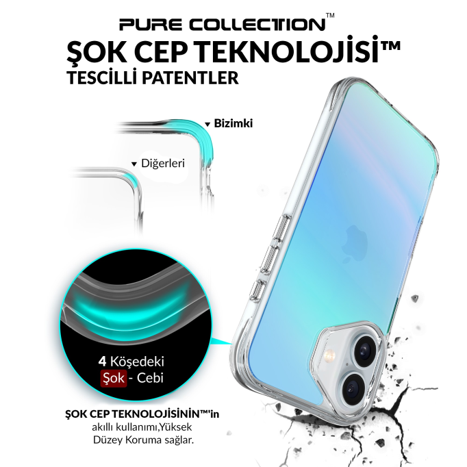 Bix iPhone 16 Pure Rainbow Renk Geçişli Şeffaf Kılıf Çizilmeye Dayanıklı Darbe Emici Mavi