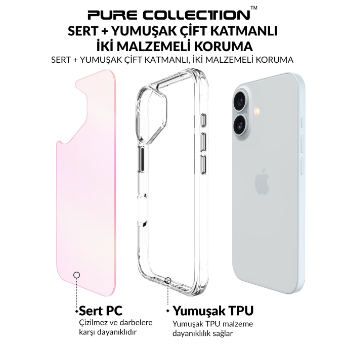 Bix iPhone 16 Pure Rainbow Renk Geçişli Şeffaf Kılıf Çizilmeye Dayanıklı Darbe Emici Pembe