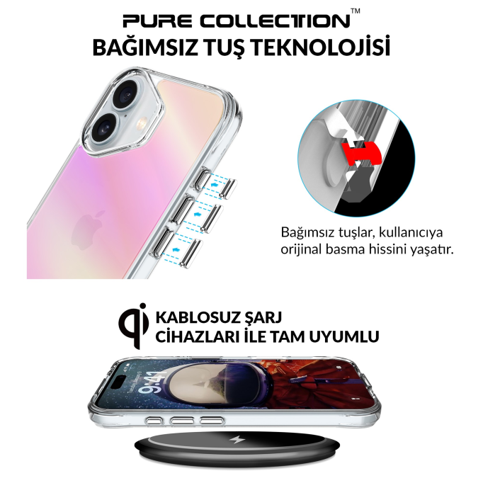 Bix iPhone 16 Pure Rainbow Renk Geçişli Şeffaf Kılıf Çizilmeye Dayanıklı Darbe Emici Pembe