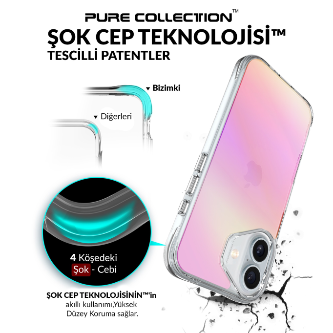 Bix iPhone 16 Pure Rainbow Renk Geçişli Şeffaf Kılıf Çizilmeye Dayanıklı Darbe Emici Pembe
