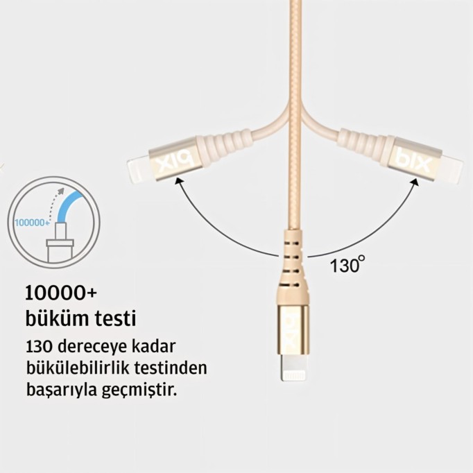 Bix iPhone İçin Ultra Güçlendirilmiş MFI Lightning Şarj Kablosu Altın