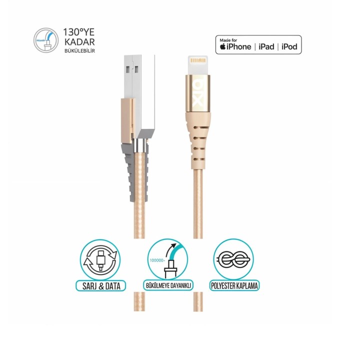 Bix iPhone İçin Ultra Güçlendirilmiş MFI Lightning Şarj Kablosu Altın