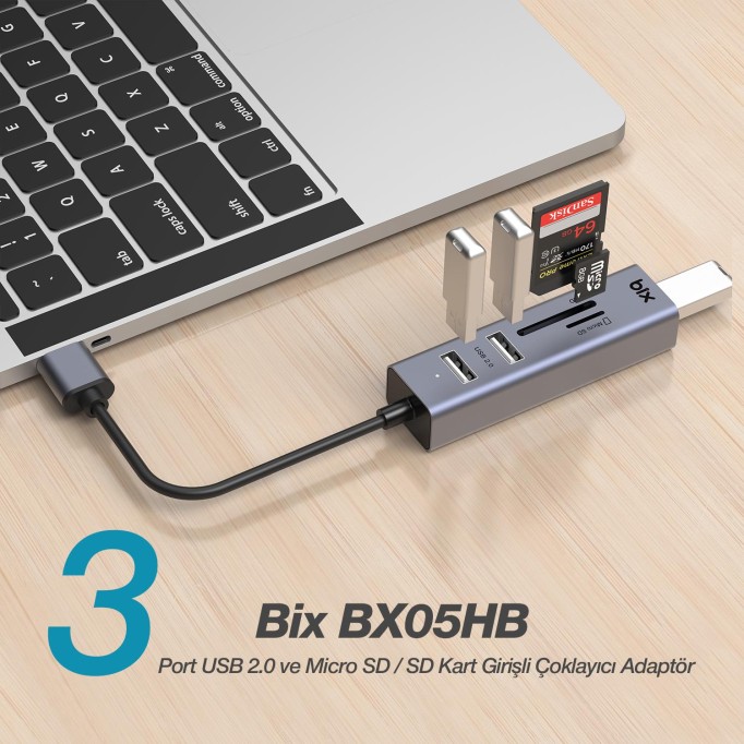 Bix Kart Okuyuculu 3 Portlu USB Çoklayıcı Hub