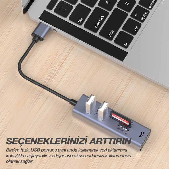 Bix Kart Okuyuculu 3 Portlu USB Çoklayıcı Hub