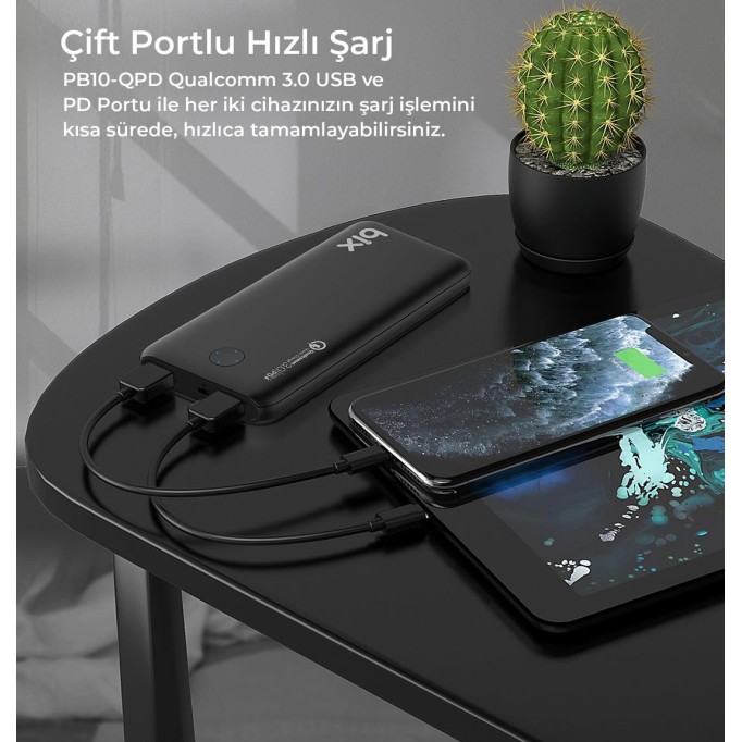 Bix PB10-QPD 18W Çift Çıkışlı QC 3.0 PD 10000 mAh Powerbank Siyah