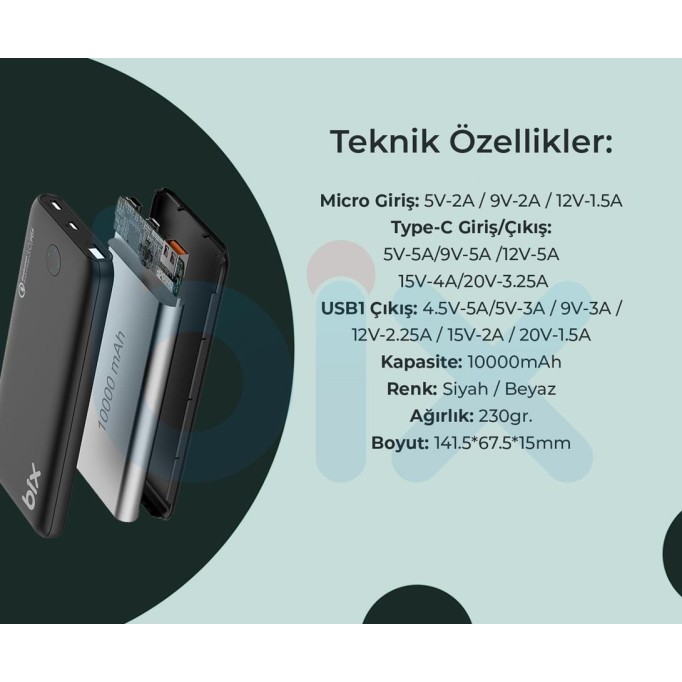 Bix PB10-QPD 18W Çift Çıkışlı QC 3.0 PD 10000 mAh Powerbank Siyah