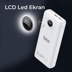 Bix PB201 20000mAh 22.5W 3 Çıkışlı USB QC 4.0 Type-C PD LCD Göstergeli Powerbank Beyaz Bix PB201 20000mAh 22.5W 3 Çıkışlı USB QC 4.0 Type-C PD LCD Göstergeli Powerbank Beyaz