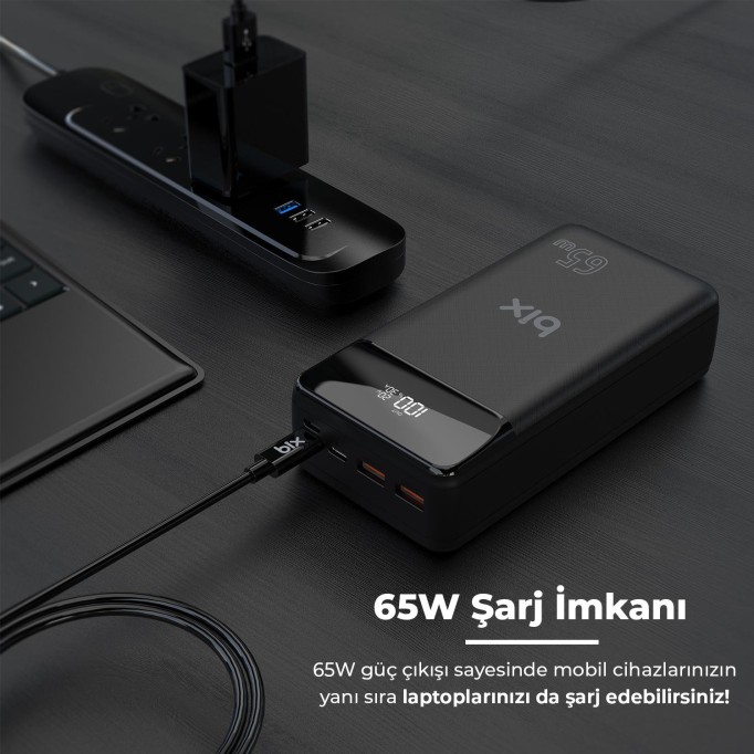 Bix PB301-65W 30000mAh Üç Çıkışlı 65W QC 3.0 Powerbank Beyaz