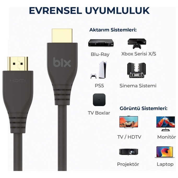 Bix Premium 8K@60Hz 4K@120Hz eARC Yüksek Hızlı HDMI 2.1 Kablo 5 Metre