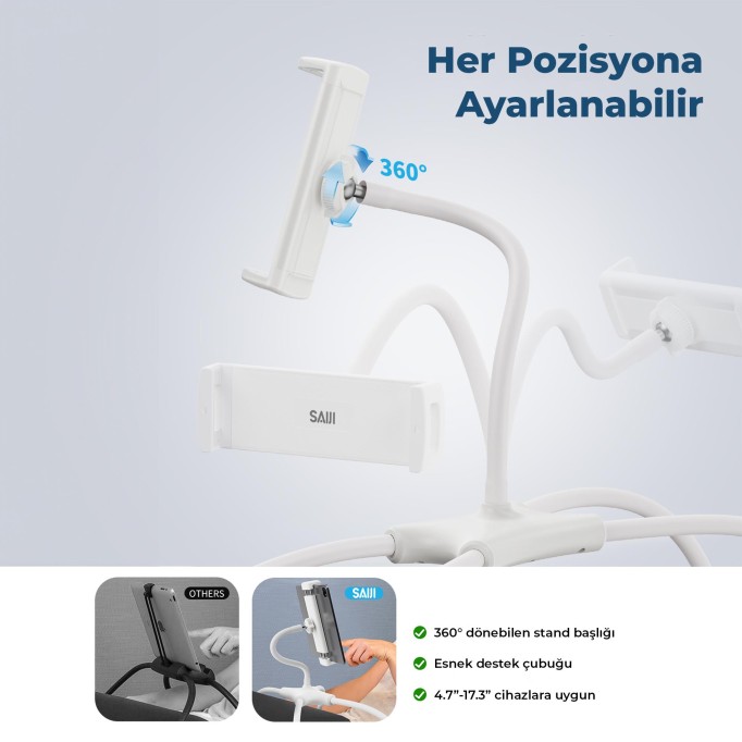 Bix Saiji Q2T Telefon Tablet Standı Yatak Masa Araba Kullanımı İçin Ayarlanabilir ve Dayanıklı Tasarım Beyaz