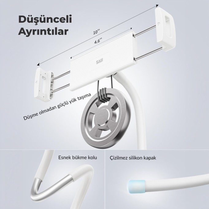 Bix Saiji Q2T Telefon Tablet Standı Yatak Masa Araba Kullanımı İçin Ayarlanabilir ve Dayanıklı Tasarım Beyaz