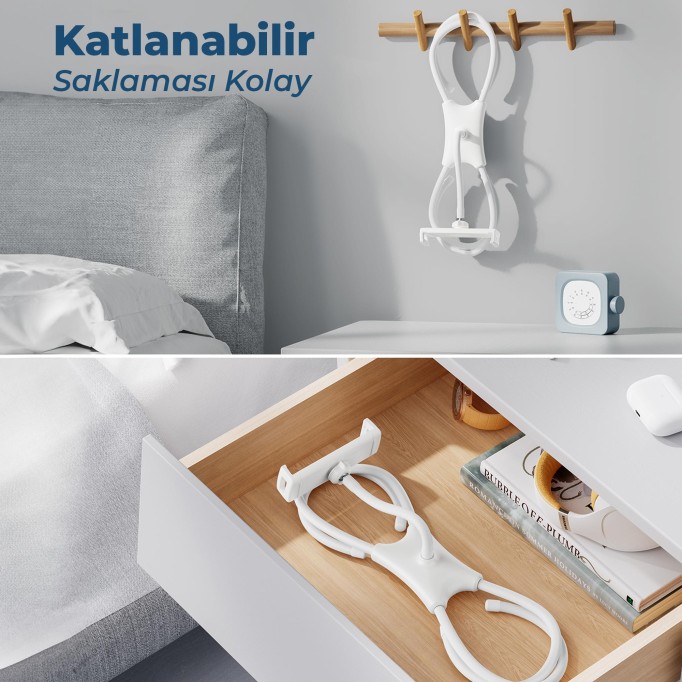 Bix Saiji Q2T Telefon Tablet Standı Yatak Masa Araba Kullanımı İçin Ayarlanabilir ve Dayanıklı Tasarım Beyaz