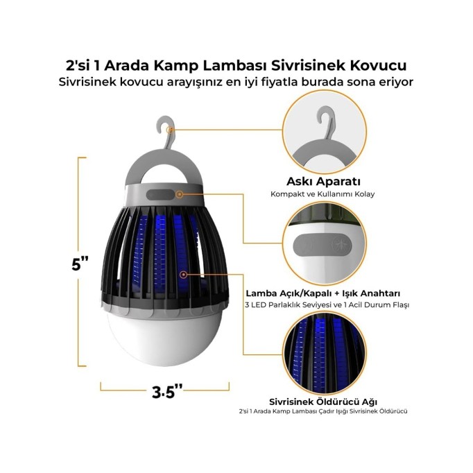 Bix Şarjlı Sivrisinek Kovucu Kamp Lambası UV LED Böcek Tuzağı 3 Kademeli Fener IPX6 Su Geçirmez Böcek Kovucu Siyah
