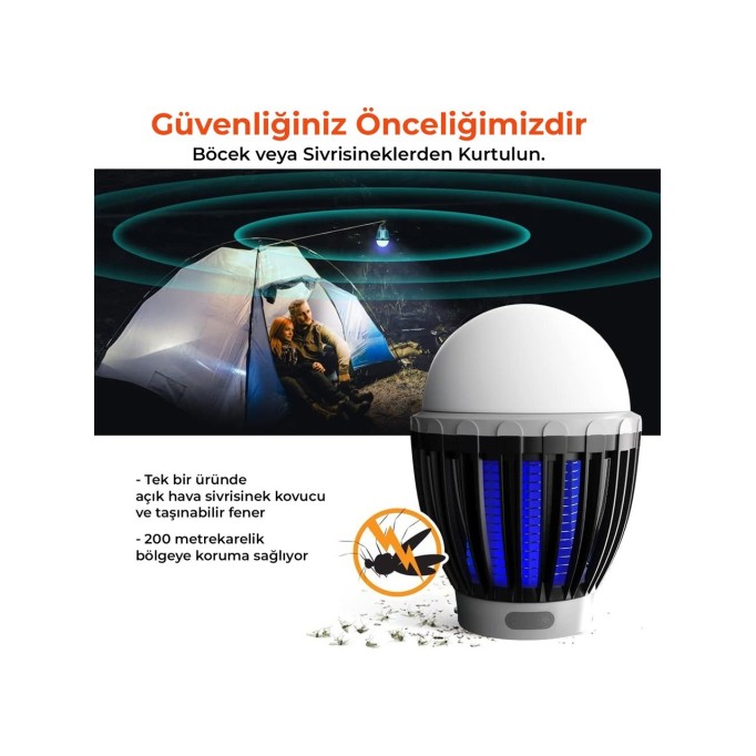 Bix Şarjlı Sivrisinek Kovucu Kamp Lambası UV LED Böcek Tuzağı 3 Kademeli Fener IPX6 Su Geçirmez Böcek Kovucu Turuncu