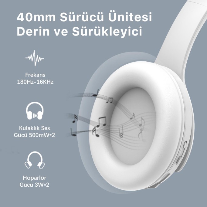 Bix Soundcraft BH2 Katlanabilir Hoparlör Özellikli EQ Mod Kablosuz Bluetooth 5.3 Kulaküstü Kulaklık Buz Gri