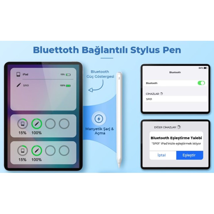 Bix SP01 Apple iPad Mini/Pro/Air Tablet Uyumlu Dokunmatik Bluetooth Stylus Yazı ve Çizim Kalemi