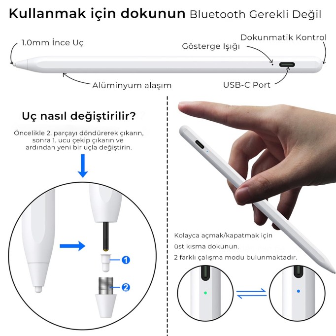 Bix SP02W Universal Android ve iPad Tablet Uyumlu Dokunmatik Bluetooth Stylus Yazı ve Çizim Kalemi Beyaz