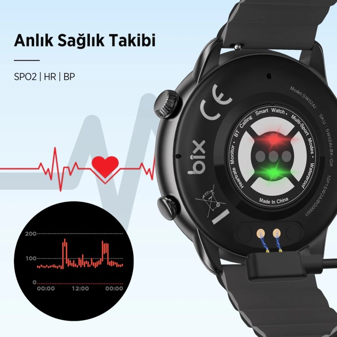 Bix SW02AI 1.43 inç AMOLED Ekran ChatGPT Destekli Bluetooth Telefon Görüşme Tansiyon Nabız Ölçer iOS Android Uyumlu Akıllı Saat Gri Turuncu