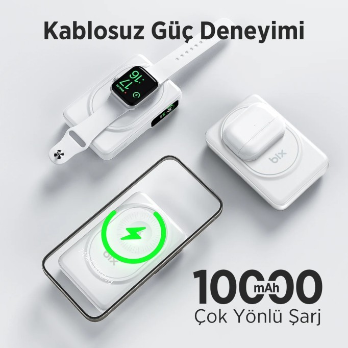 Bix TPB16 10.000 mAh OLED Ekranlı Manyetik Kablosuz Powerbank 20W PD Hızlı Şarj ve 15W MagSafe Beyaz